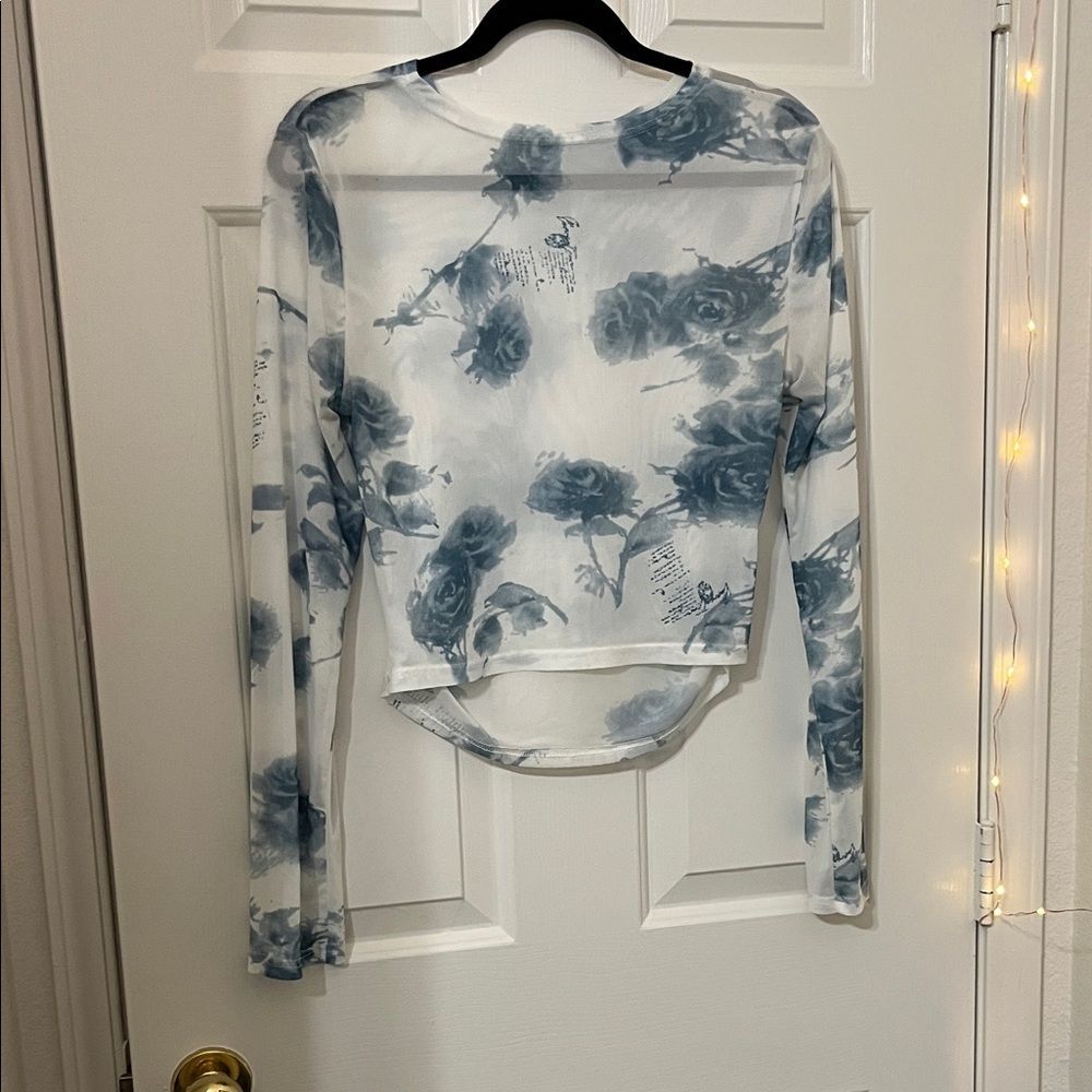 White & Blue Sheer stretch Mesh Long Sleeve Top - Blue Chinoiserie Toile